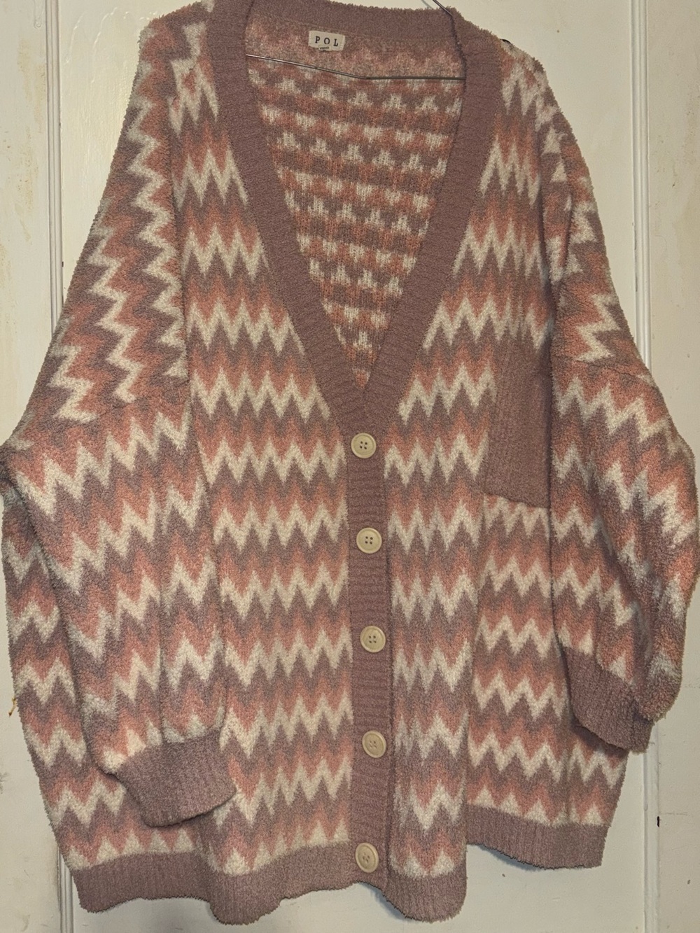POL Zigzag Pattern Pink Cream Brown Knit Cardigan